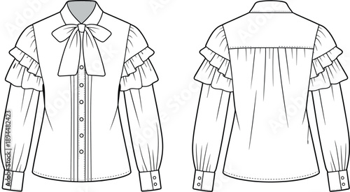Elegant blouse fashion sketch, technical garment illustration, ruffle sleeve design, bow tie neckline, front and back view