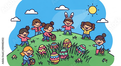 Children celebrating easter with egg hunt on green hill under sunny