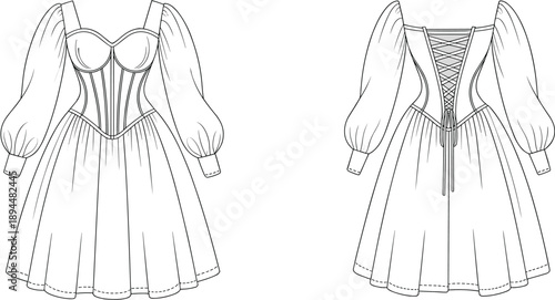 Elegant fashion illustration of puff sleeve corset dress, lace-up back, flared skirt, technical garment design drawing