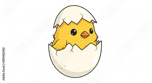 Yellow chick hatching from eggshell cartoon illustration simple