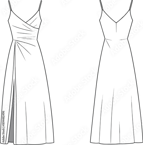 Elegant sleeveless evening gown sketch, fashion illustration, V-neck dress design, technical drawing, garment construction reference