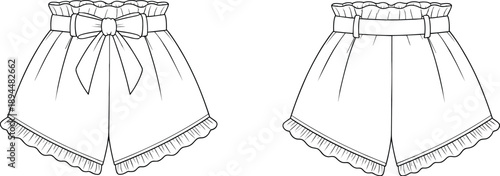 High-waisted ruffle hem shorts with pleats, bow detail, feminine fashion illustration, front and back technical sketch