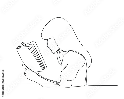 A continuous line drawing of a seated person with shoulder-length hair, holding an open book with both hands. The abstract style emphasizes focus, calm, and intellectual engagement. Ideal for editoria