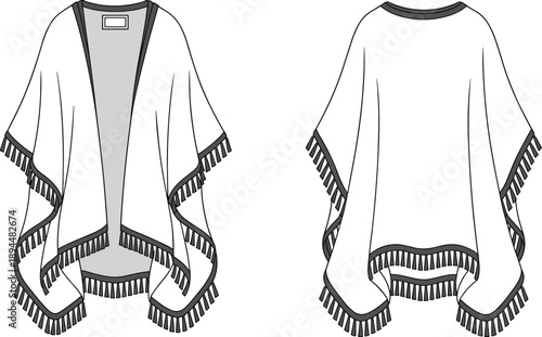 Fringe trimmed poncho fashion illustration, front and back technical sketch, cape style outerwear design for garment manufacturing