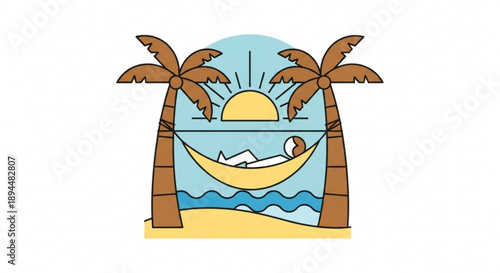 Person relaxing in hammock between palm trees on tropical beach