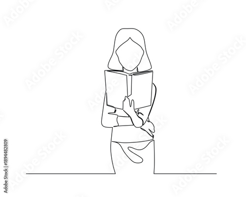 A standing figure with long hair reads a book, one hand turning a page. Rendered in continuous line style, this minimalist artwork evokes focus and simplicity.ideal for education, lifestyle, or edito