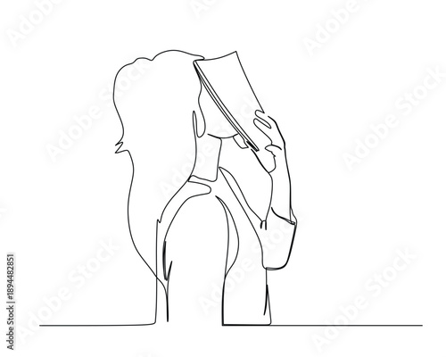 A long-haired figure presses a book against their face, obscuring features. Drawn in continuous line style, this minimalist artwork evokes deep thought, fatigue, or immersion—ideal for academic, lifes