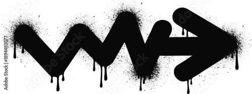 Graffiti-style black arrow with zigzag shaft, paint splatter, and drips on white background for urban art and street design themes