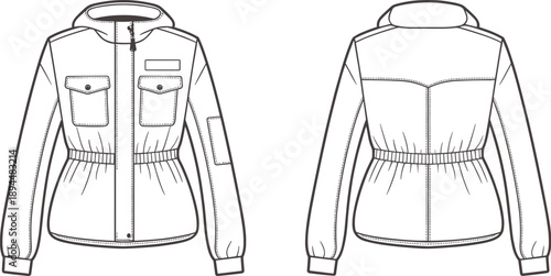 Technical fashion flat sketch of utility jacket, front and back view, high collar, flap pockets, sleeve patch, elastic waist