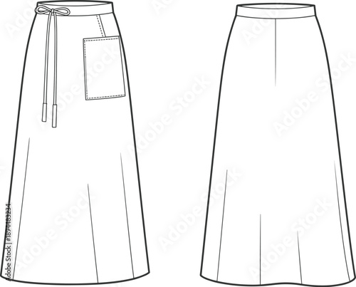 Technical fashion sketch of flared skirt, front and back view, drawstring waist, patch pocket, pleated design, apparel illustration