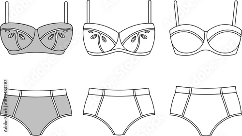 Technical fashion illustration of modern lingerie set, vector bra and panty design for garment production, apparel development