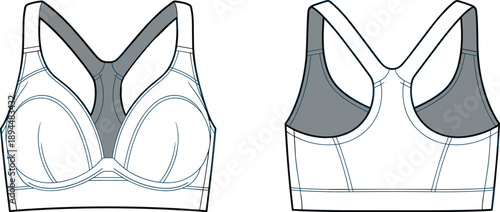Technical flat sketch of modern sports bra design, racerback contour, breathable mesh panel, activewear fashion illustration, garment blueprint