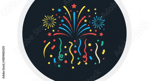 Colorful fireworks celebration with confetti and stars in dark