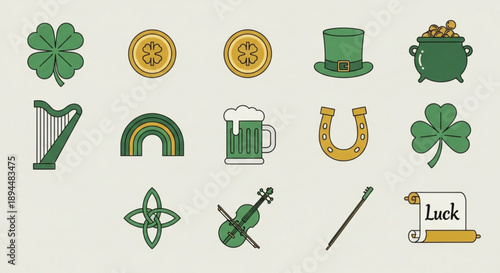 St patrick's day icons set with shamrocks coins and symbols