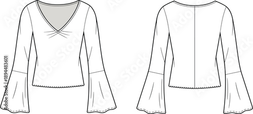 Women's blouse technical sketch, fashion flat drawing, V-neck top design, bell sleeves, scalloped hem, garment blueprint