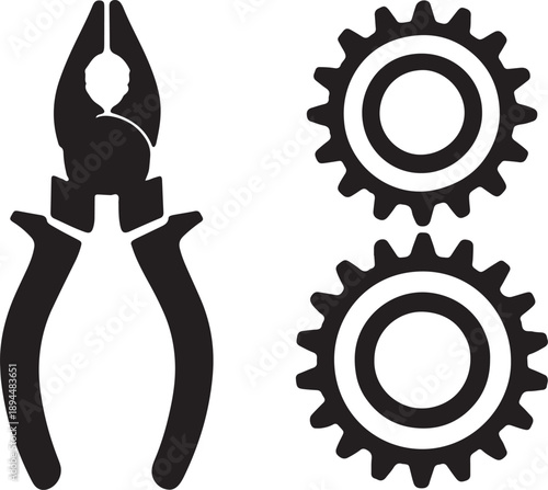 Black silhouette of pliers and two gears on a white background tools machinery