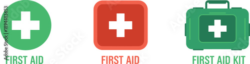 First aid icons in green and red with labeled cross symbols and kit design representing emergency medical care and health services