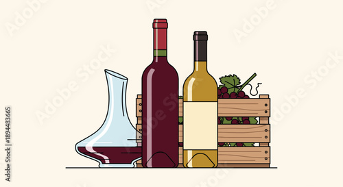 Professional Wine Tasting and Vineyard Concept Illustration with a Decanter Red and White Wine Bottles and a Crate of Fresh Grapes on an Off-White Background.