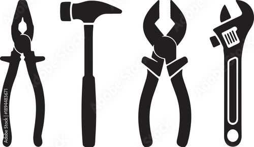 Black silhouette of pliers hammer and adjustable wrench on white background tools