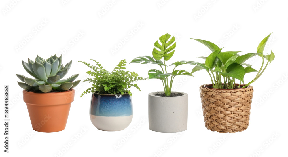 Fototapeta premium Four potted plants of varying types and sizes are arranged in a row against a white background.