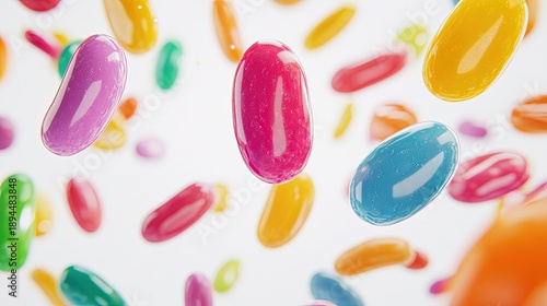 A collection of colorful, glossy 3D jelly beans or capsule pills. Represents candy and sweets, or alternatively, medicine, pharmacy, and healthcare. Vibrant and playful design.