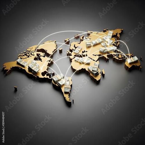 Wooden world map with connecting arc between continent block representing cross-border payment and global money transfer concept. Illustration | photo | copy space 