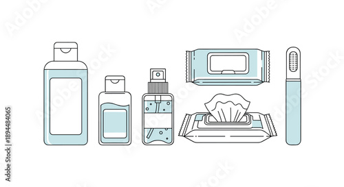 Personal Hygiene and Sanitization Products Illustration Featuring Soap Bottles Spray Sanitizer Wet Wipes and a Toothbrush in a Clean Light Blue Color.