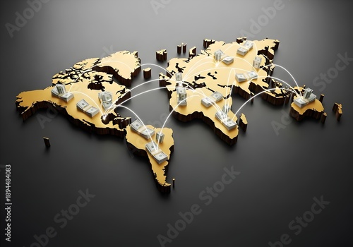 Wooden world map with connecting arc between continent block representing cross-border payment and global money transfer concept. Illustration | photo | copy space 