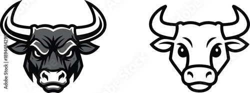 Bull head mascot icon set featuring aggressive and friendly horned animal faces in outline and filled styles