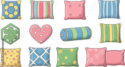 Large set of decorative cushion vector illustrations featuring various patterns including stripes stars hearts and floral designs isolated on white background for interior home decor