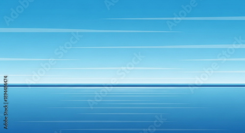 Serene ocean horizon with clear blue sky and gentle contrails reflecting on calm water surface