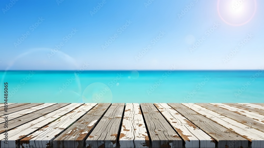 Fototapeta premium Serene ocean view from a weathered wooden dock on a sunny day
