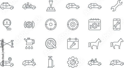 Car service maintenance icon set automotive repair garage tools vehicle fix outline vector illustration parts transportation mechanic workshop gear,