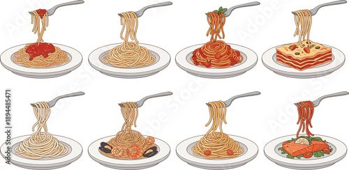 Large set of Italian pasta vector illustrations featuring spaghetti bolognese lasagna seafood pasta and carbonara on plates with forks isolated on white background for restaurant menu