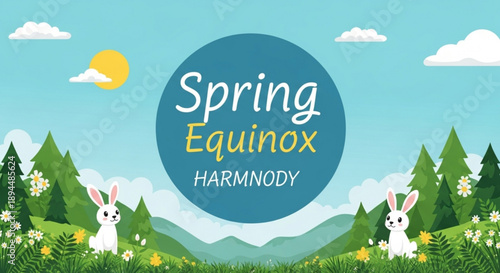Spring equinox harmony illustration with rabbits in floral meadow under sunny sky