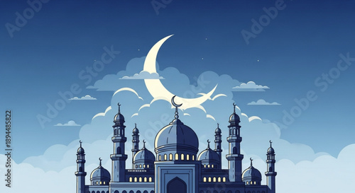 Islamic mosque with crescent moon and clouds at night traditional architecture illustration for Ramadan and Eid celebrations serene sky background