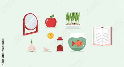 Various everyday objects and symbols arranged on a plain background