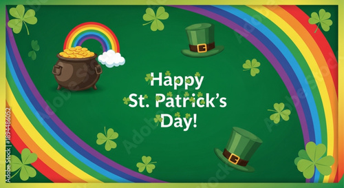 St patrick's day celebration with rainbow pot of gold and leprechaun hats on green background with shamrocks