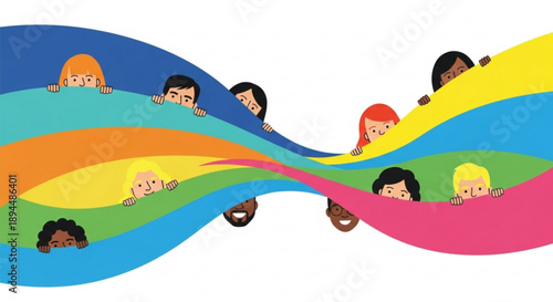 Diverse group of people from different ethnicities and ages coming together in harmony waving from behind colorful wavy lines symbolizing unity diversity and inclusion on a white