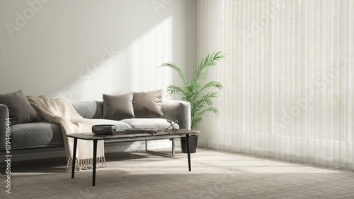 Gray modern sofa, plant, coffee table on carpet floor by white vertical blinds window in minimal living room in sunlight on wall for luxury interior design decoration, product background 3D