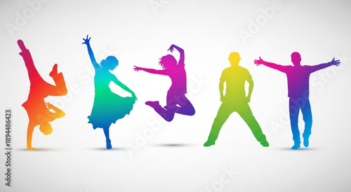 Diverse group of people in colorful silhouettes dancing and jumping representing joy movement and celebration isolated on white background