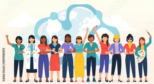 Diverse group of women standing together in unity and solidarity with a blue globe behind them