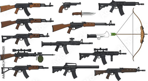 Large set of modern and historical weapon vector illustrations featuring assault rifles sniper guns bows and knives isolated on white background for tactical military and gaming design