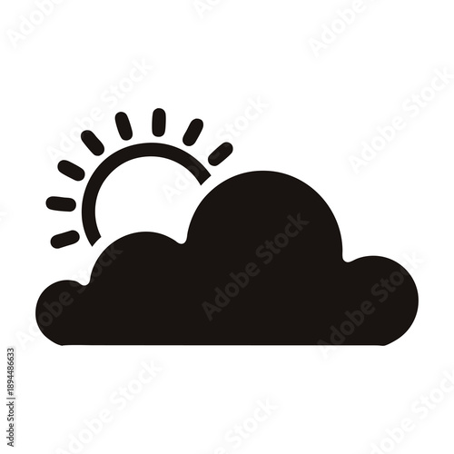 A partially obscured sun peeks out from behind a fluffy cloud illustration