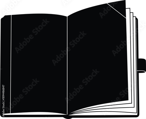 Open book icon, black silhouette, reading symbol, education graphic, literature element, vector design, knowledge concept, fanned pages, study icon, academic illustration