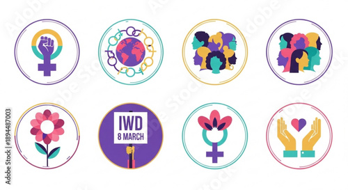 International women's day icons set colorful symbols for equality and empowerment diverse group of people flowers and signs