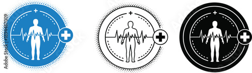 Medical icons with human silhouettes, heartbeat lines, and cross symbols representing health monitoring, diagnostics, and healthcare services in digital and print design