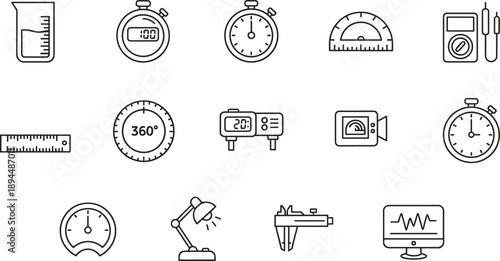 Precision measurement tool icon set laboratory equipment diagnostic testing sensors gauges scientific research engineering technical outline vector illustration bundle,