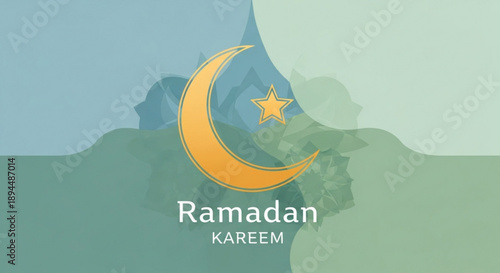 Ramadan kareem greeting card with crescent moon and star on green background for muslim holiday