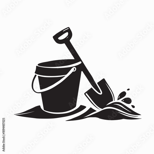 Sand Bucket and Shovel Silhouette Vector Isolated on White Background